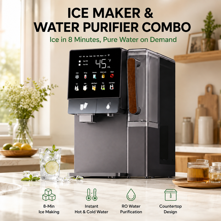 A countertop ice maker and water purifier combo machine shown in a bright kitchen setting, with large text at the top reading 'ICE MAKER & WATER PURIFIER COMBO' and feature icons at the bottom.