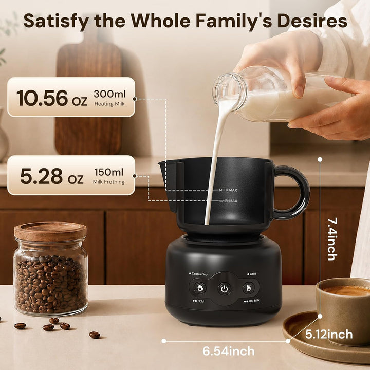 A black electric milk frother on a countertop with a glass bottle pouring milk into the top chamber. The scene includes dimension callouts for the product size, a jar of coffee beans, and a cup of coffee, with text showing capacities and measurements.