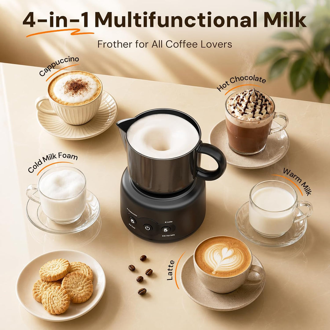 A 4-in-1 multifunctional milk frother shown on a beige tabletop with several coffee drinks labeled around it, including cappuccino, hot chocolate, cold milk foam, warm milk, latte, and cookies. Text at the top reads '4-in-1 Multifunctional Milk' and 'Frother for All Coffee Lovers.