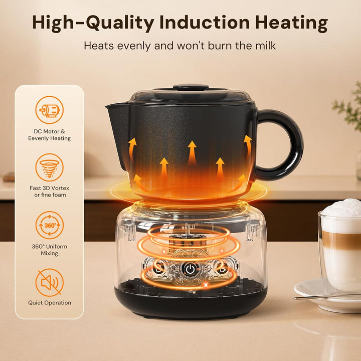 A black glass teapot sits on a clear electric induction heating base with glowing orange heat graphics and text overlays describing features. A cup of coffee is visible on the right, and a feature list panel is on the left, all against a warm beige interior background.