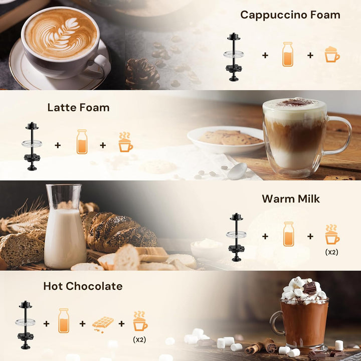 A four-panel infographic showing different beverage foam preparations: Cappuccino Foam, Latte Foam, Warm Milk, and Hot Chocolate. Each panel includes a small black frother, a bottle, a cup, and a styled coffee or hot chocolate photo on a warm beige background.