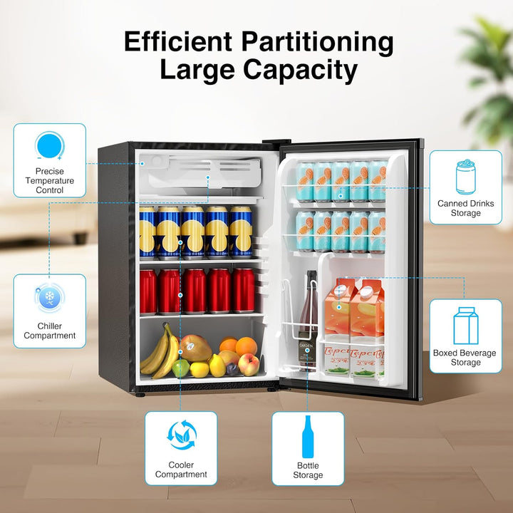 Small refrigerator with open door displaying various items, labeled for different storage compartments.