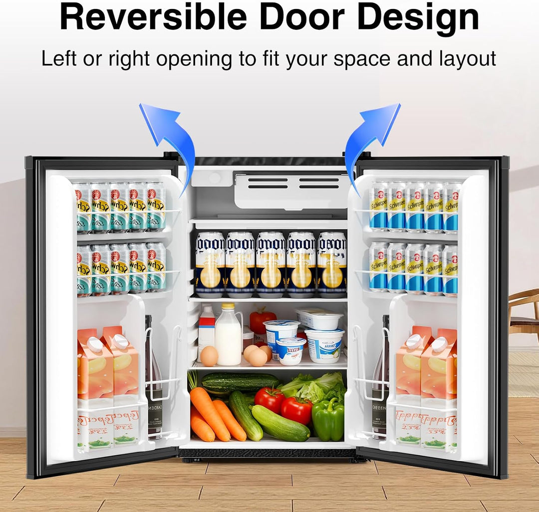 A black-framed refrigerator shown open to demonstrate a reversible door design, with text at the top reading 'Reversible Door Design' and blue arrows indicating left or right opening. The interior is stocked with drinks, milk cartons, eggs, vegetables, and other groceries.