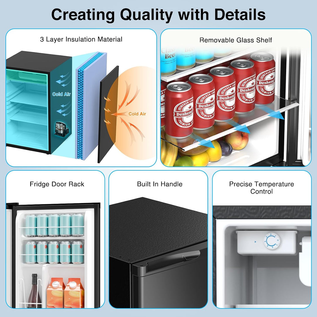 A promotional infographic for a mini refrigerator with six labeled feature panels: 3 layer insulation material, removable glass shelf, fridge door rack, built-in handle, and precise temperature control. The layout uses a light blue background and shows both exterior and interior views of the fridge with beverages and fruit inside.