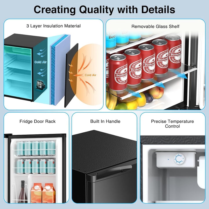 A promotional infographic for a mini refrigerator with six labeled feature panels: 3 layer insulation material, removable glass shelf, fridge door rack, built-in handle, and precise temperature control. The layout uses a light blue background and shows both exterior and interior views of the fridge with beverages and fruit inside.