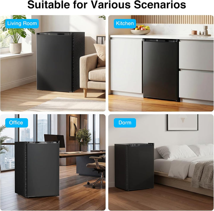 A 2x2 collage showing a compact black refrigerator in different real-world settings, labeled for Living Room, Kitchen, Office, and Dorm use. The top header reads 'Suitable for Various Scenarios.