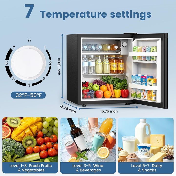 A mini refrigerator shown on a light blue infographic background with text reading '7 Temperature settings.' The fridge is open, displaying shelves with bottled drinks, juice, milk, and colorful fruits and vegetables, plus dimensions and a dial indicating 32°F–50°F.