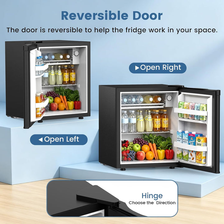 A promotional product graphic for a compact refrigerator showing two open views of the same fridge on blue display platforms. One view is labeled 'Open Left' and the other 'Open Right' under the heading 'Reversible Door,' with text explaining the reversible door feature.