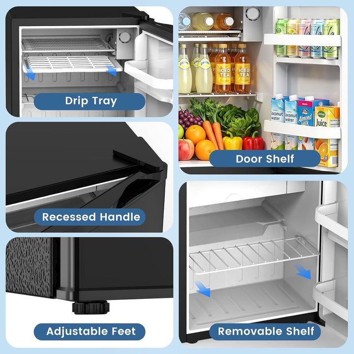 Four-panel feature collage showing a black refrigerator accessory/interior organizer: a drip tray, door shelf stocked with drinks and fruit, a recessed handle detail, and adjustable feet with a removable shelf.