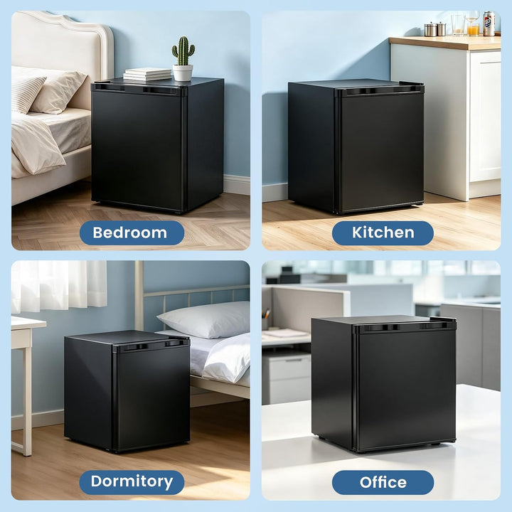 A 2x2 collage showing a small black refrigerator in four real-world settings: Bedroom, Kitchen, Dormitory, and Office. Each panel includes a labeled blue badge with the room type, and the fridge is shown from a front angle in different interior environments.