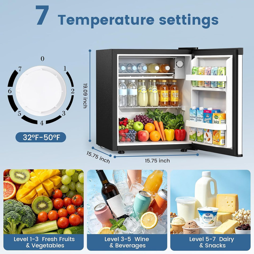 A mini refrigerator shown on a light blue background with text reading '7 Temperature settings,' a dial graphic, dimensions, and food examples for different temperature levels. The fridge is open, showing shelves with drinks, bottled water, vegetables, and snacks.