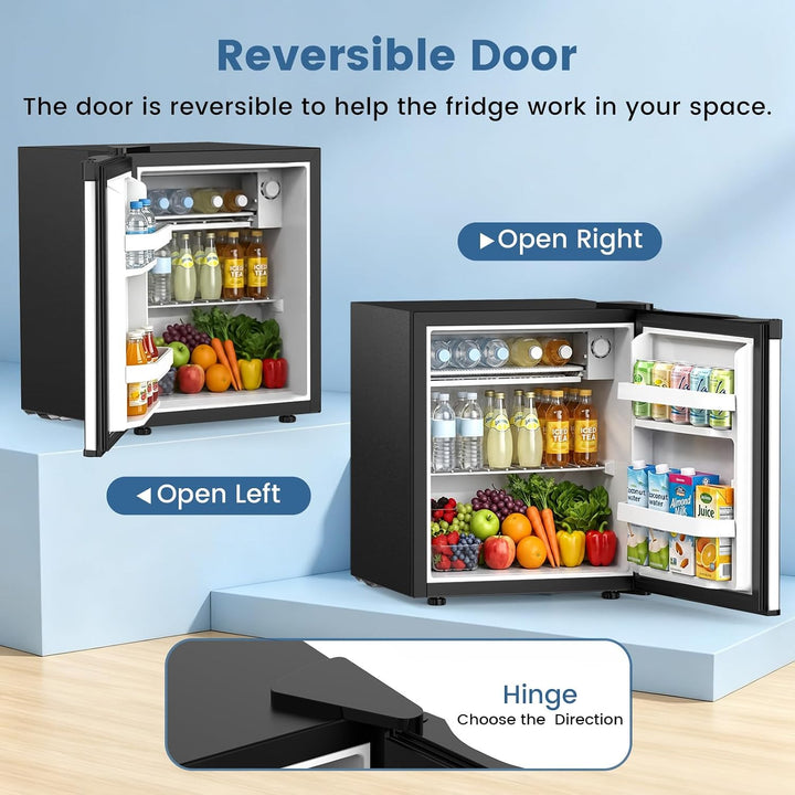 A black mini refrigerator shown twice on blue display platforms, with both doors open to show shelves stocked with drinks, milk, and fruits/vegetables. Text labels indicate reversible door opening options: 'Reversible Door,' 'Open Right,' 'Open Left,' and a hinge detail callout.