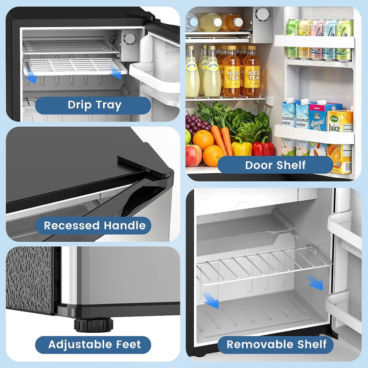 A 4-panel feature collage of a refrigerator, showing labeled details: Drip Tray, Door Shelf, Recessed Handle, and Adjustable Feet, plus a large inset of the open refrigerator interior with a removable shelf.