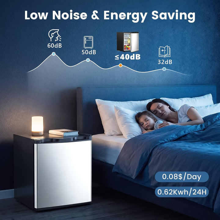 A small refrigerator shown in a bedroom scene next to a bed with a sleeping woman and child, with marketing text and icons about low noise and energy saving above.