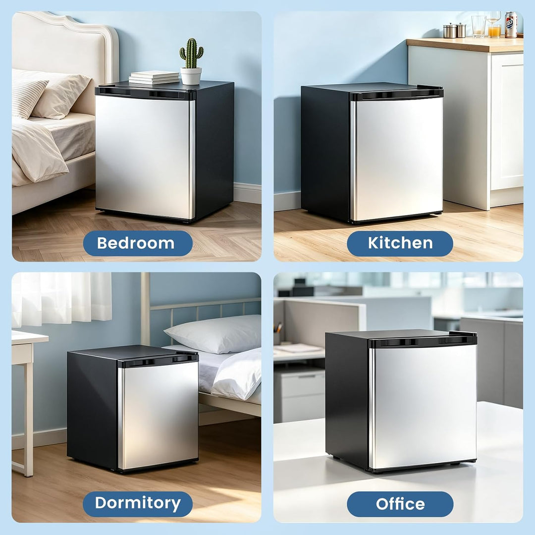 A four-panel collage showing a stainless steel and black trash can in different real-world settings: labeled Bedroom, Kitchen, Dormitory, and Office. The product is shown in each panel from a front angle, with a light blue border around the collage.