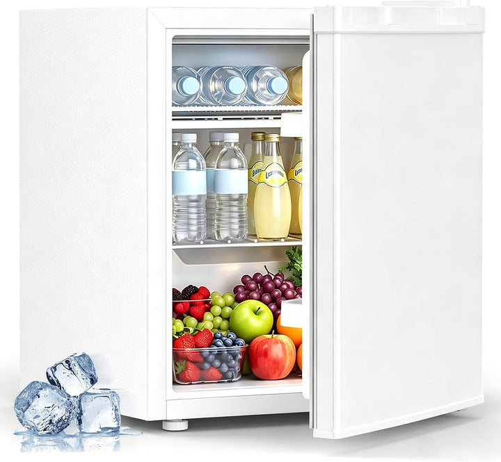 A white mini refrigerator shown open on a clean white background, stocked with bottled water, soda, juice, and fruit, with ice cubes illustrated at the bottom left.