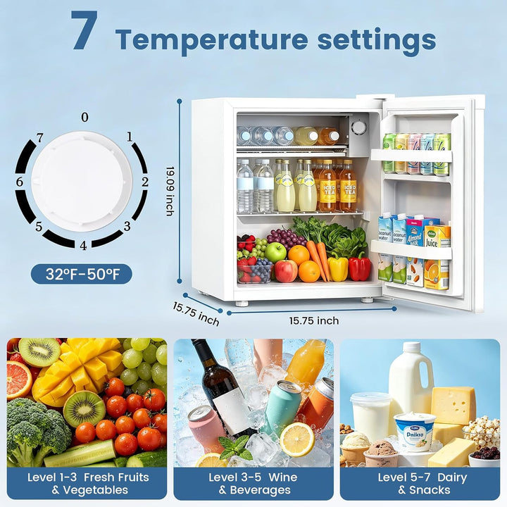 A small white refrigerator shown on a light blue background with text reading '7 Temperature settings' and a dial indicating 32°F to 50°F. The fridge is open, showing shelves with bottles, juice, milk, and assorted fruits and vegetables.