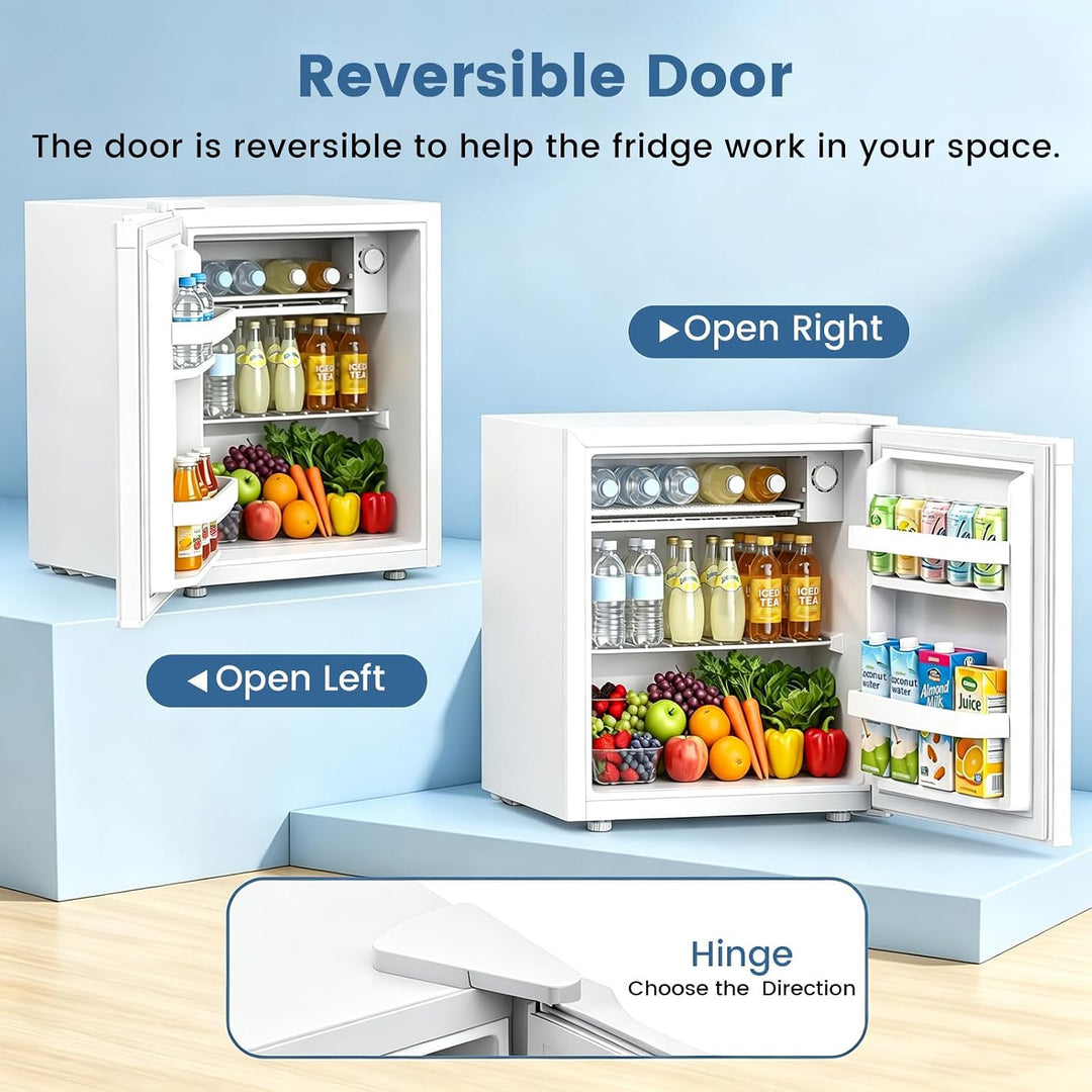 White mini refrigerator shown twice on a light blue studio background with text explaining a reversible door. One view shows the door open left with food and drinks inside, the other shows the door open right, and a small inset at the bottom shows the hinge area.