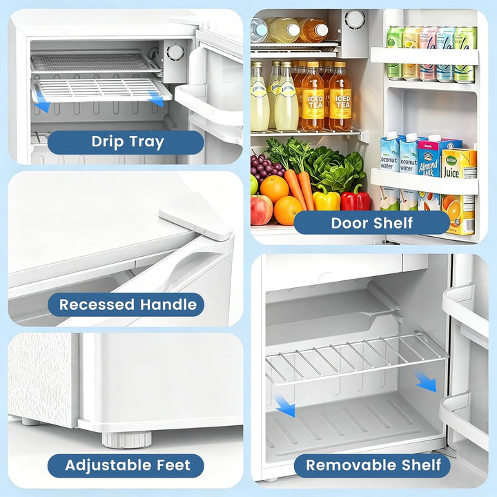 A 4-panel product feature collage showing a white refrigerator interior and exterior details: a drip tray, door shelf stocked with drinks and groceries, a recessed handle, and adjustable feet with a removable shelf.