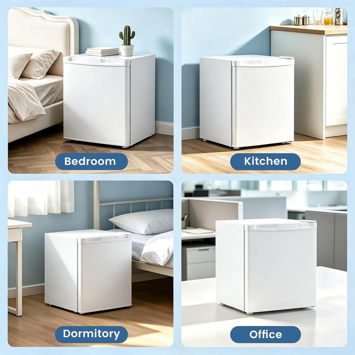A 2x2 collage showing a small white refrigerator in four real-world settings: Bedroom, Kitchen, Dormitory, and Office. Each panel includes a labeled blue badge with the room type, and the refrigerator is shown from a front angle in a clean interior context.