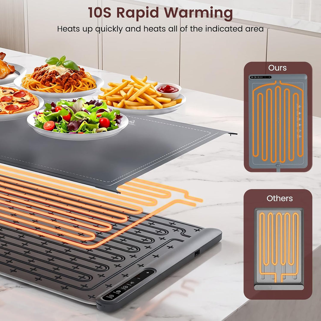 A smart induction cooktop with orange heat-flow graphics, shown on a white marble countertop with food dishes and two inset diagrams comparing its heating path to competitors. Text reads '10S Rapid Warming' and 'Heats up quickly and heats all of the indicated area.