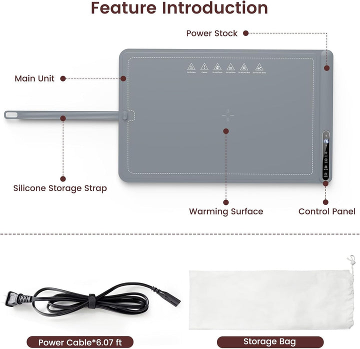 Feature introduction diagram for a gray rectangular heating pad or warming pad with a handle, showing labeled parts such as Main Unit, Silicone Storage Strap, Power Stock, Warming Surface, and Control Panel. Below the diagram are included accessories: a black power cable and a white storage bag.