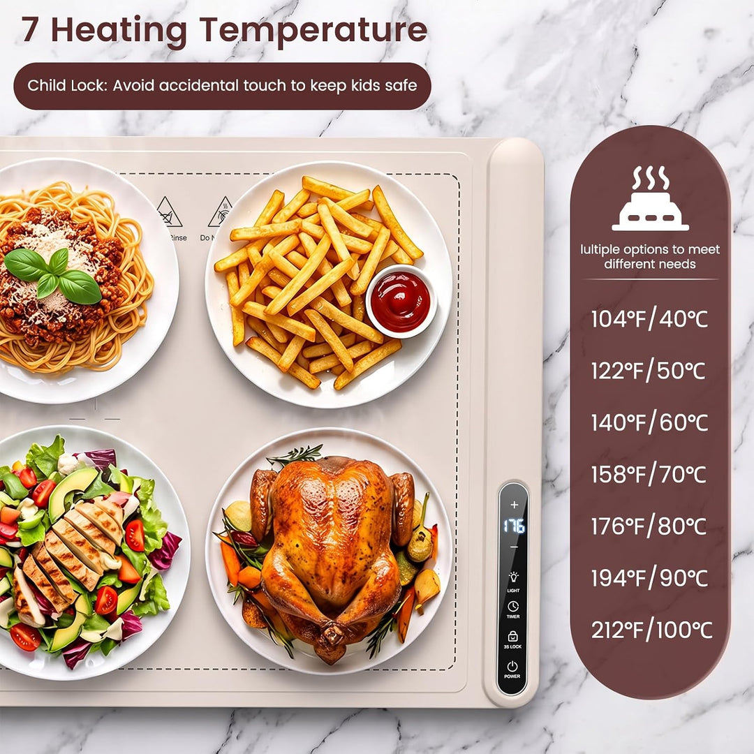 An electric heating pad for food warming is shown on a white marble background, with four plates of food placed on top: spaghetti, fries, salad, and roasted chicken. The image includes text overlays explaining heating temperatures and a child lock feature, plus a vertical panel listing temperature options from 104°F to 212°F.