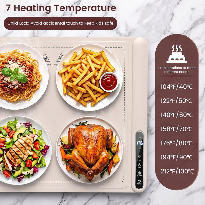 An electric heating pad for food warming is shown on a white marble background, with four plates of food placed on top: spaghetti, fries, salad, and roasted chicken. The image includes text overlays explaining heating temperatures and a child lock feature, plus a vertical panel listing temperature options from 104°F to 212°F.