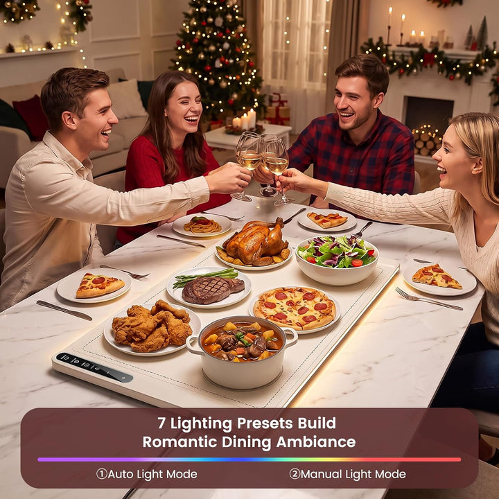 Four people laughing and toasting around a dining table loaded with food, with a digital under-table light casting a warm glow. A Christmas tree and decorated fireplace are visible in the background, and a text banner at the bottom reads '7 Lighting Presets Build Romantic Dining Ambiance'.