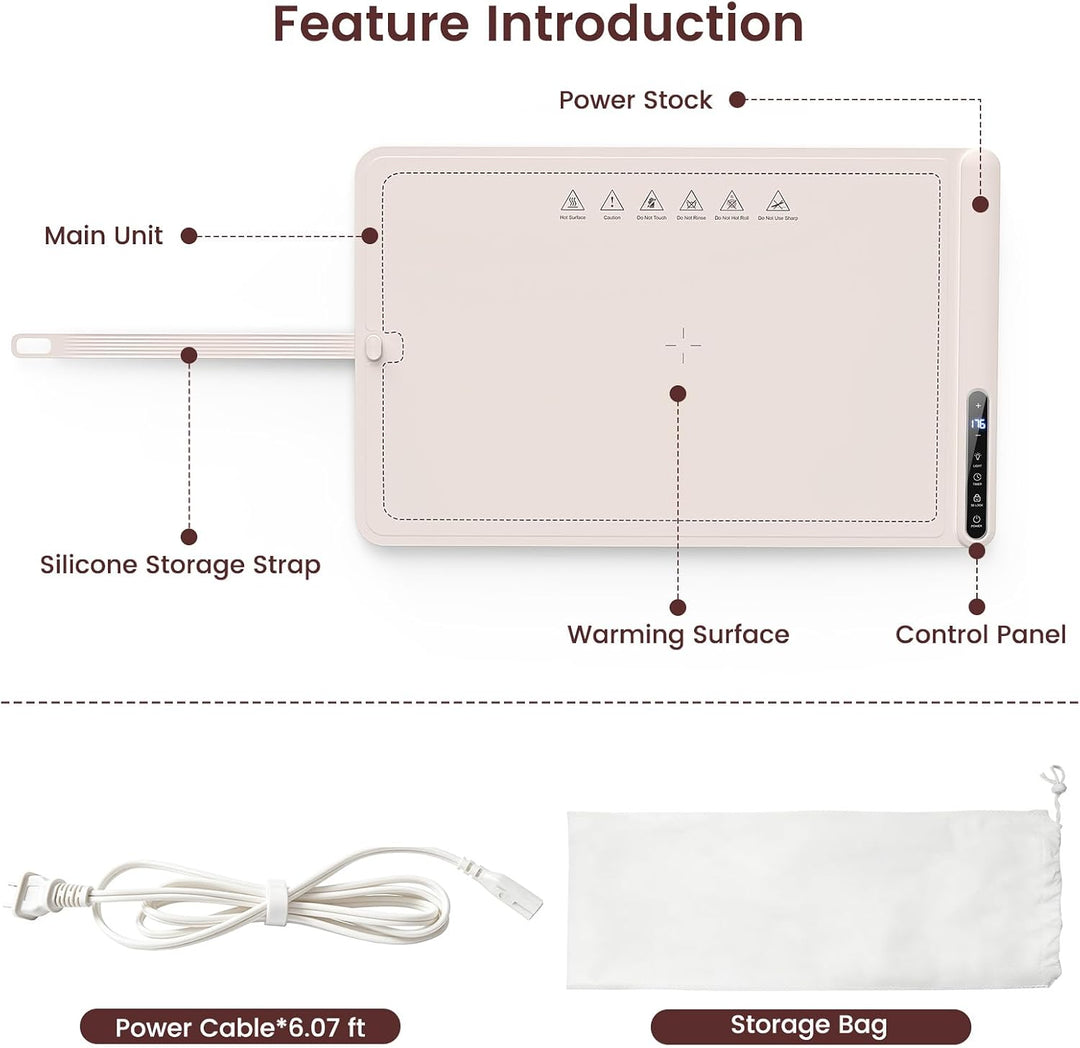 Feature introduction diagram for a rectangular heating pad or warm pad, showing labeled parts including the main unit, silicone storage strap, control panel, and warming surface. Below the diagram are included accessories: a white power cable and a white storage bag.
