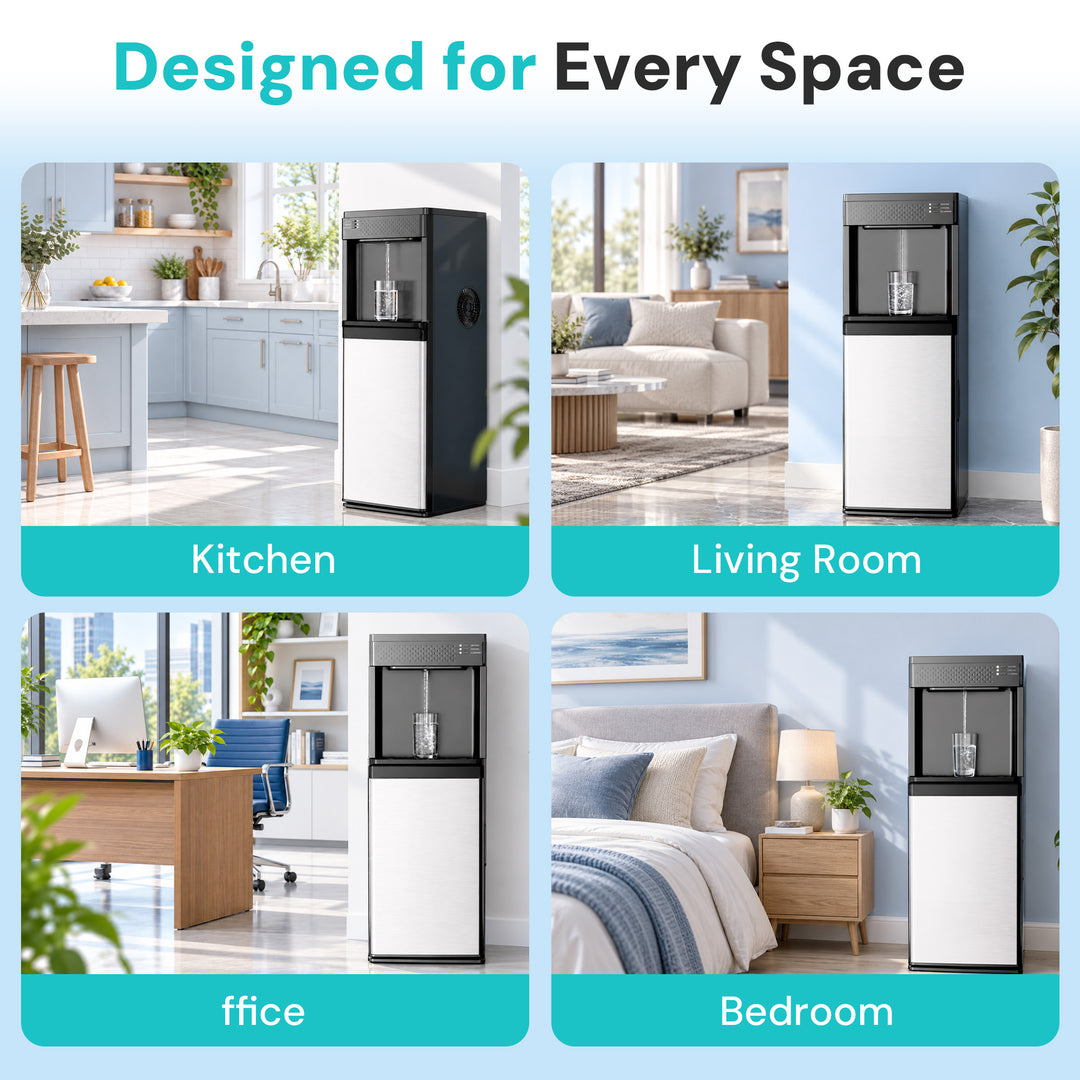 A promotional collage showing a water dispenser in four room settings: kitchen, living room, office, and bedroom. The product is a tall water cooler/dispenser with a black top and front panel and a white lower cabinet.