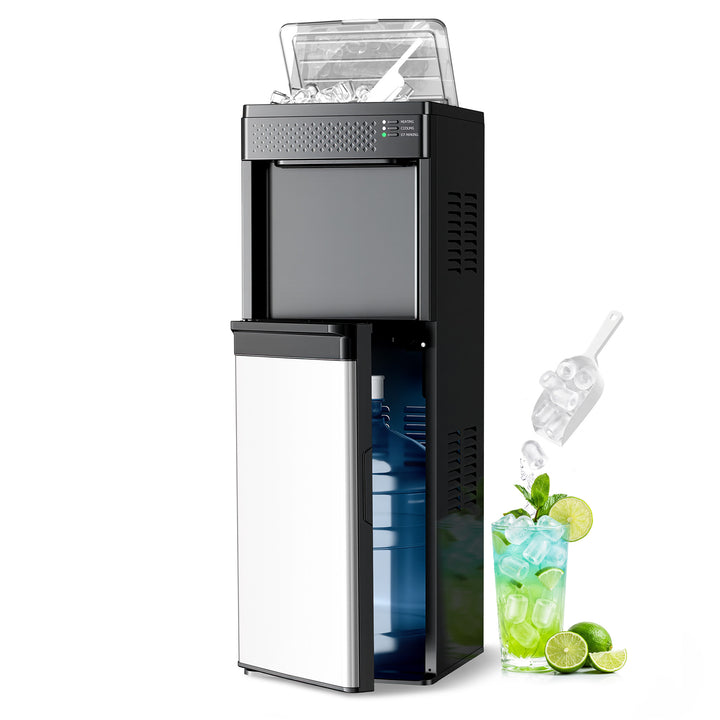 A black and stainless steel countertop water dispenser with a glass door, shown on a white background with a floating ice scoop and a styled glass of iced lime drink with mint and lime slices.