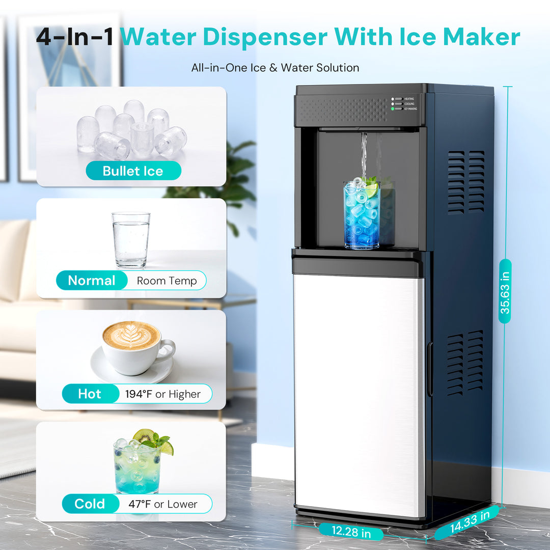 A 4-in-1 water dispenser with ice maker shown in a clean product infographic. The dispenser has a dark navy top and front panel with a white lower cabinet, and a glass of blue iced drink is being dispensed.