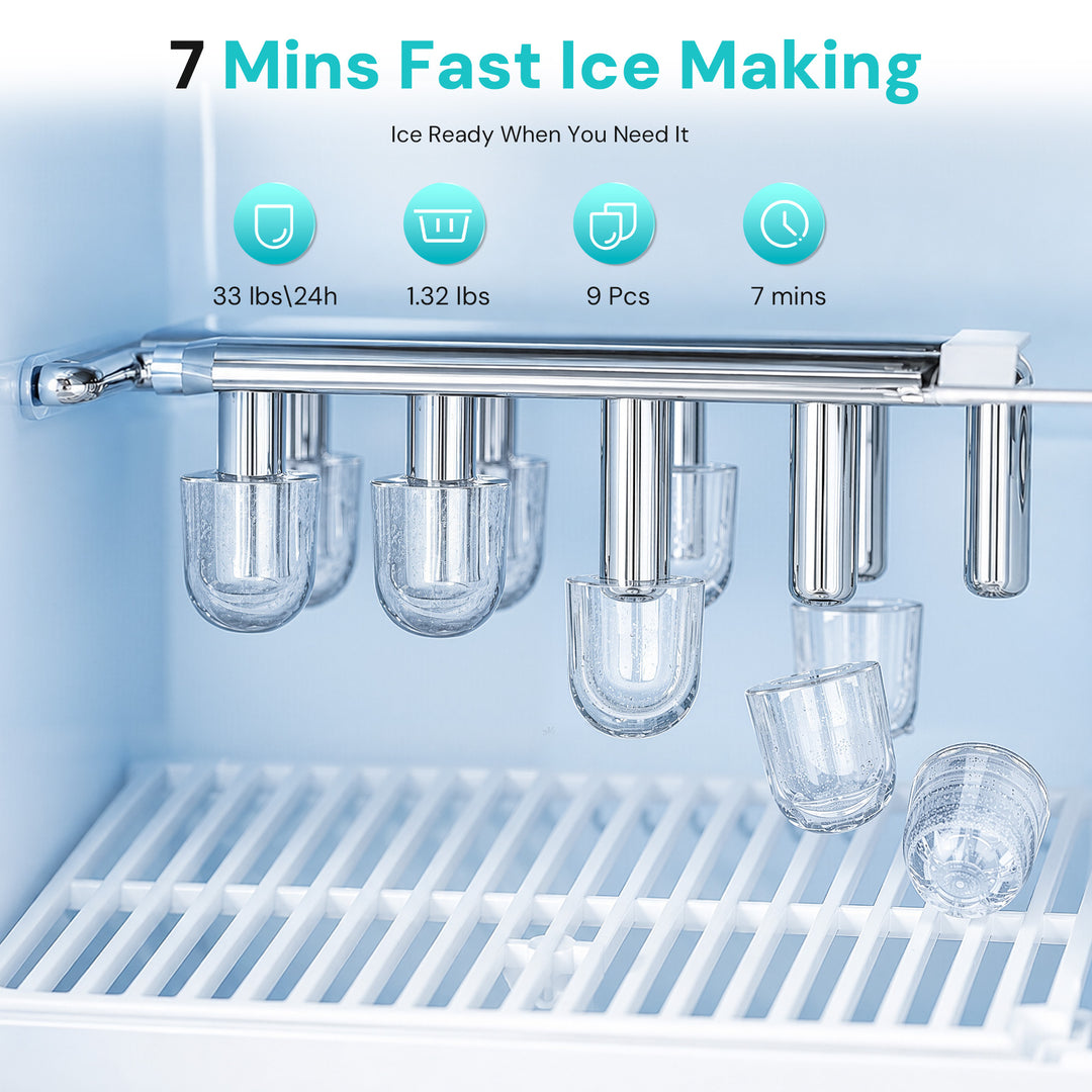 A stainless steel ice maker tray hanging inside a refrigerator, with several clear plastic cups placed underneath. Text at the top reads '7 Mins Fast Ice Making' with feature icons and capacity details.