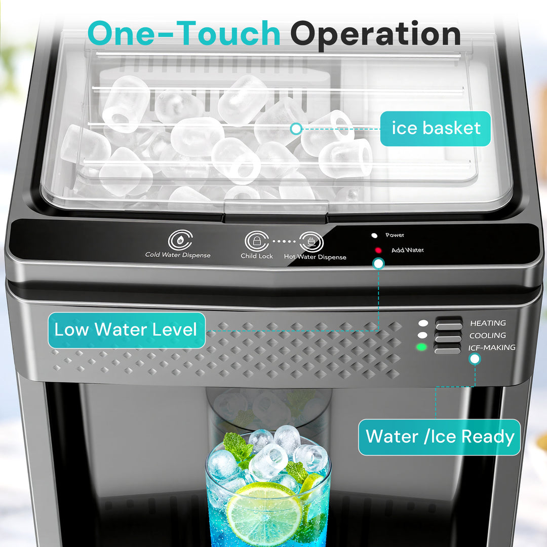 A stainless steel and black ice maker machine with overlaid callout labels explaining features such as one-touch operation, ice basket, low water level, water/ice readiness, and water/ice dispensing. A glass of blue iced drink with lime is shown at the bottom.