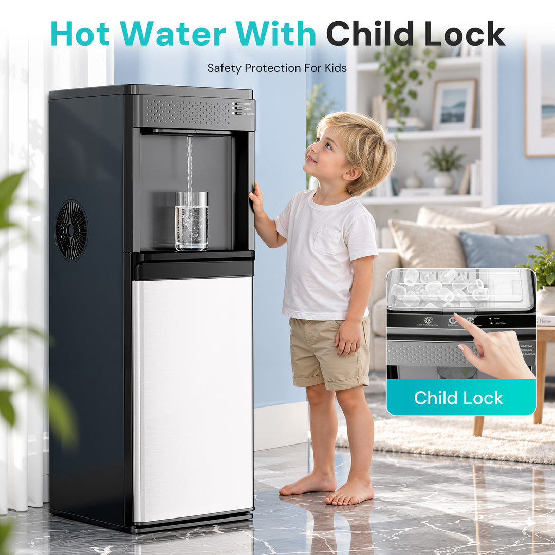 A child lock water dispenser shown in a living room setting with a young boy standing next to it. The dispenser is black and white with a clear water glass under the dispenser.