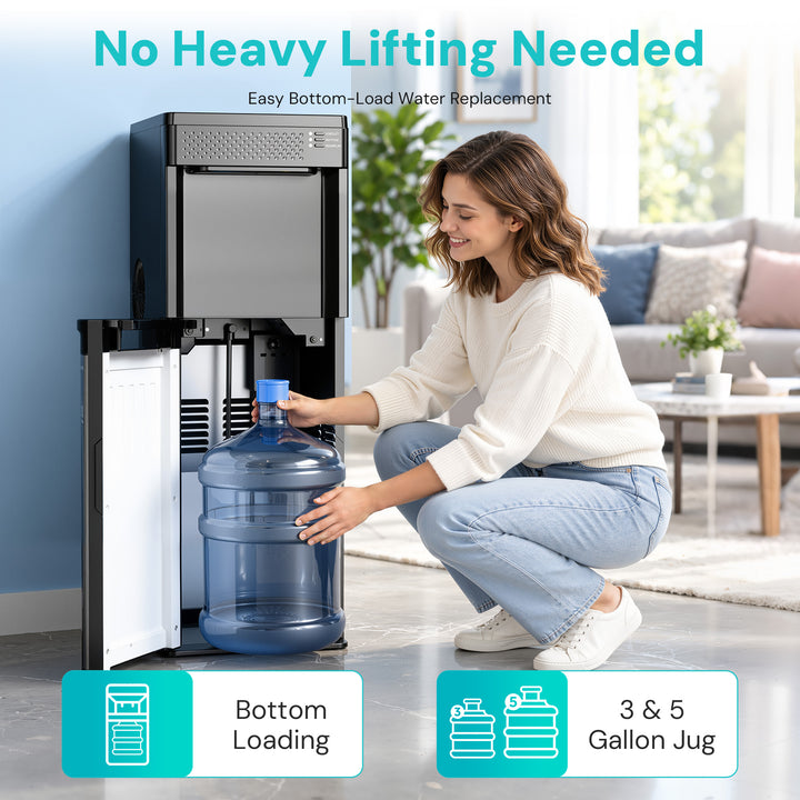 A woman crouches beside a black and stainless steel water dispenser with its door open, loading a large 5-gallon water jug into the bottom compartment. The scene is set in a bright living room, with promotional text at the top and feature icons at the bottom.