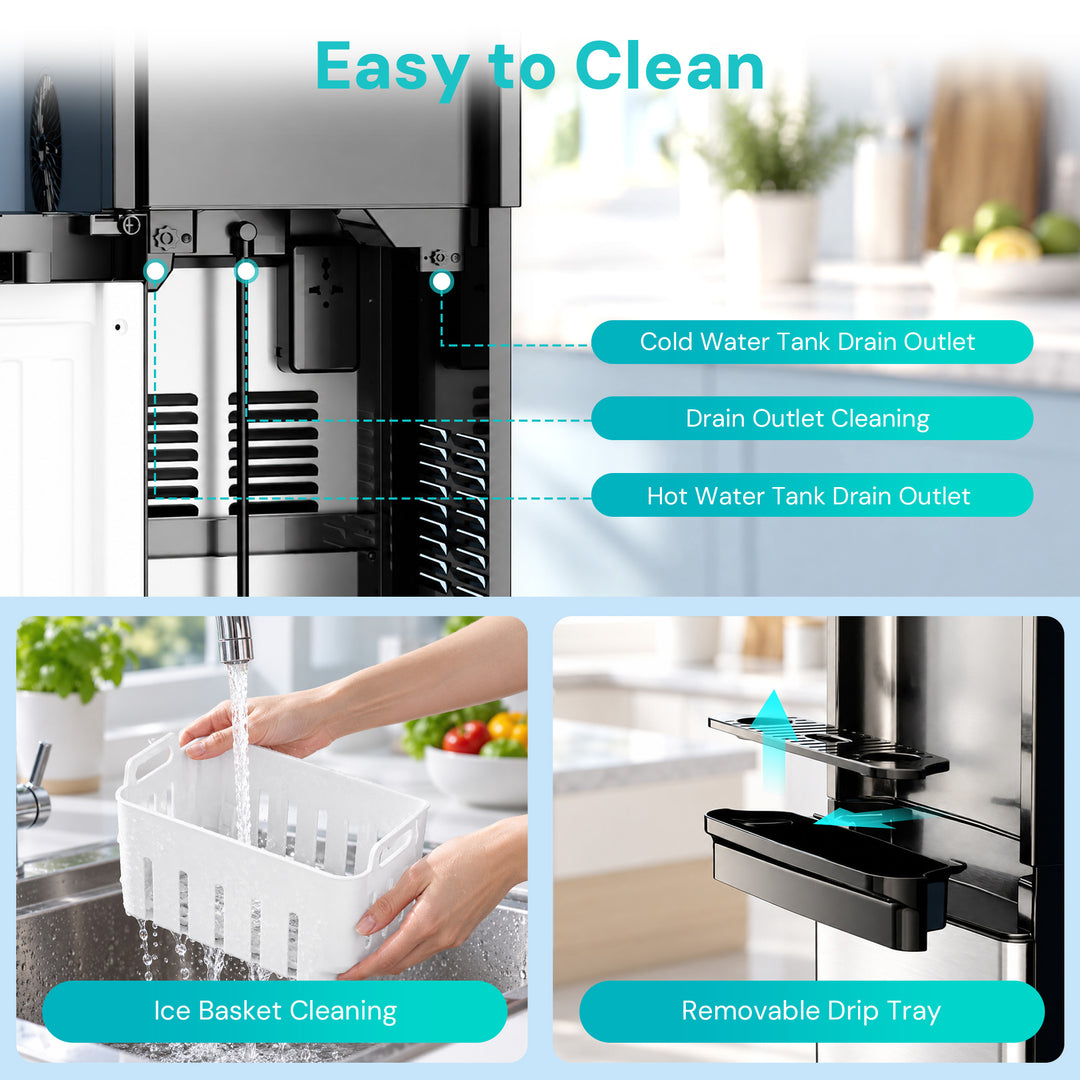Promotional infographic for a water dispenser cleaning feature, with the headline 'Easy to Clean' and three labeled panels showing the cold water tank drain outlet, drain outlet cleaning, and hot water tank drain outlet. The bottom row includes a hand washing an ice basket and a close-up of a removable drip tray.
