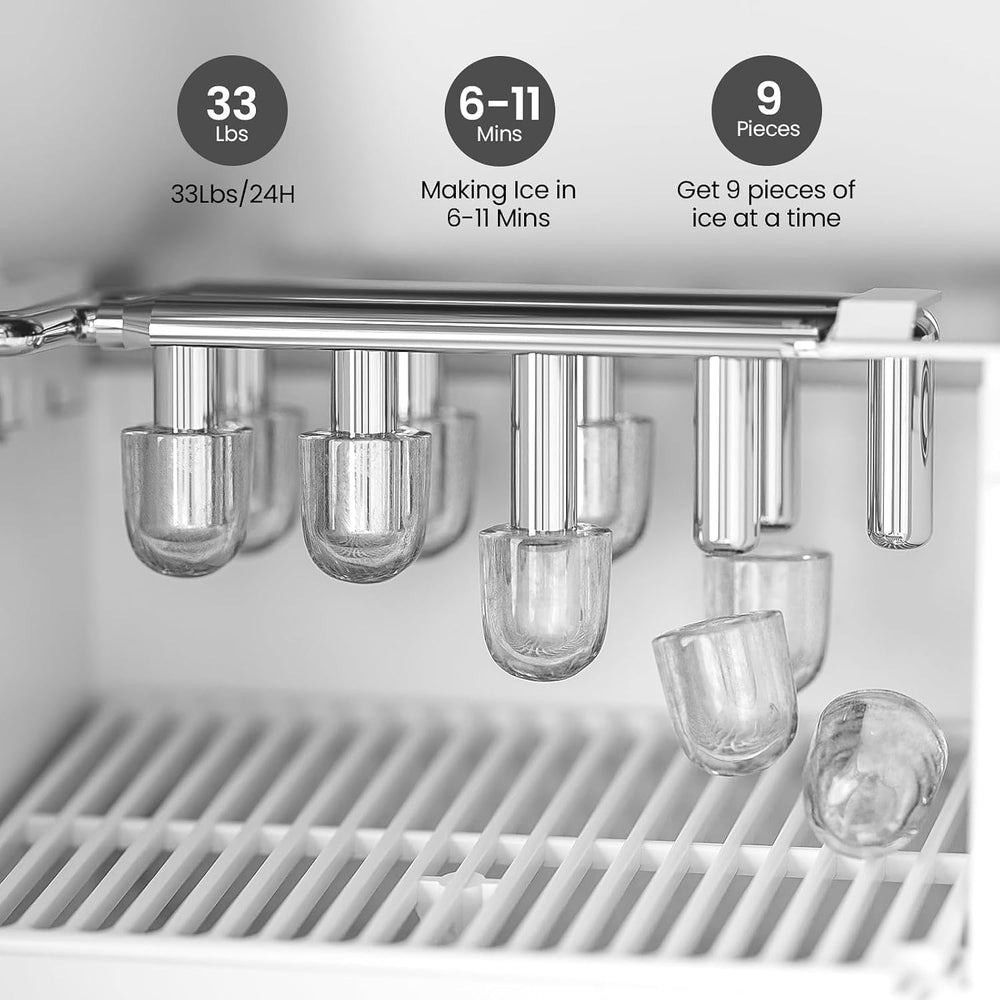 Ice maker with ice cubes and text indicating capacity, making time, and yield.