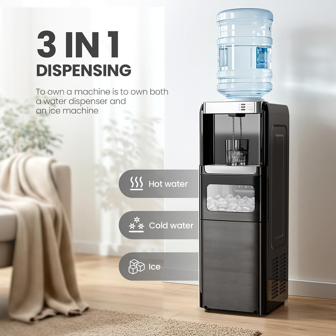 3-in-1 water dispenser with hot, cold water, and ice features in a living room setting.