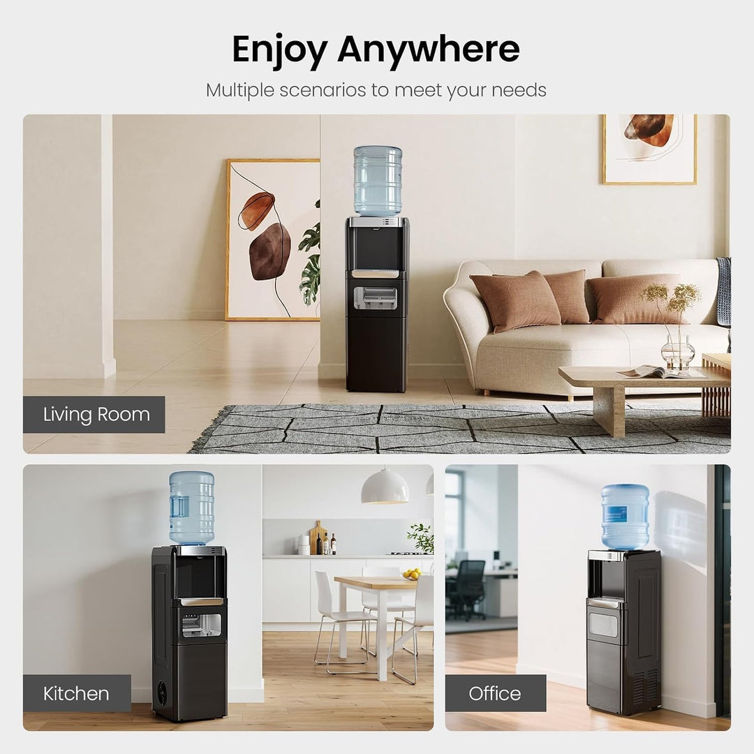 Multifunctional water cooler in living room, kitchen, and office settings with 'Enjoy Anywhere' text.