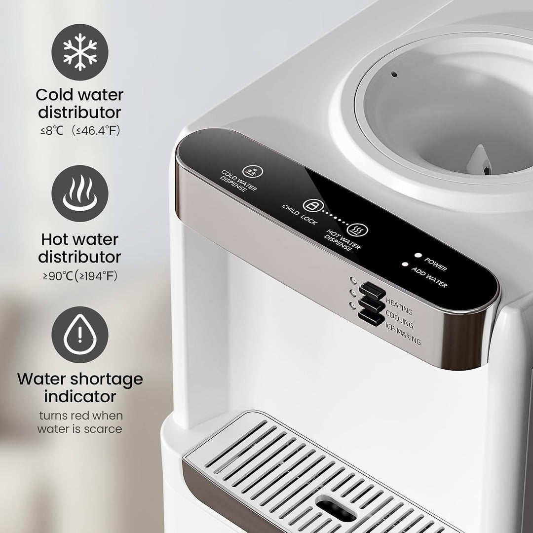 White water dispenser with control panel and water temperature indicators on a light gray background