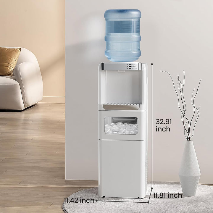 White water cooler with measurements in a living room setting