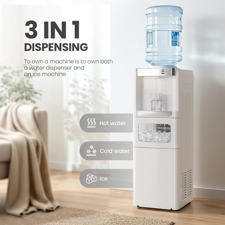 White water dispenser with ice cube tray in a living room setting