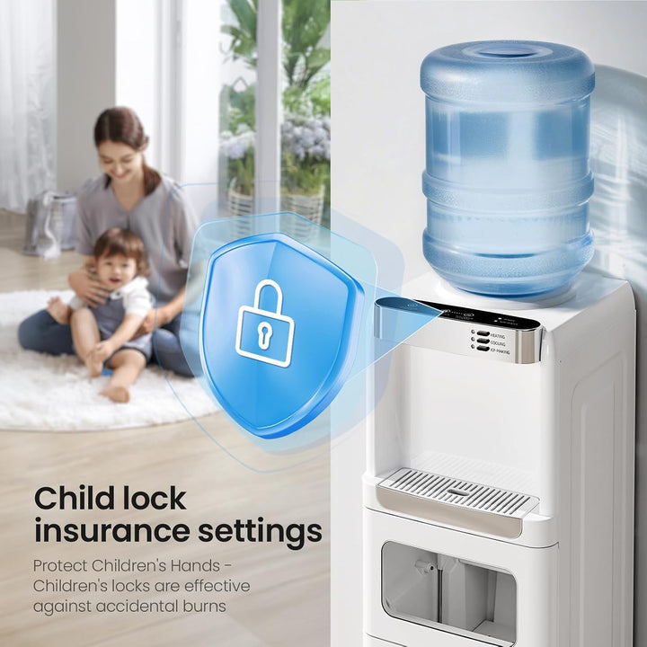 Child lock feature on a water dispenser with a woman and child in the background.
