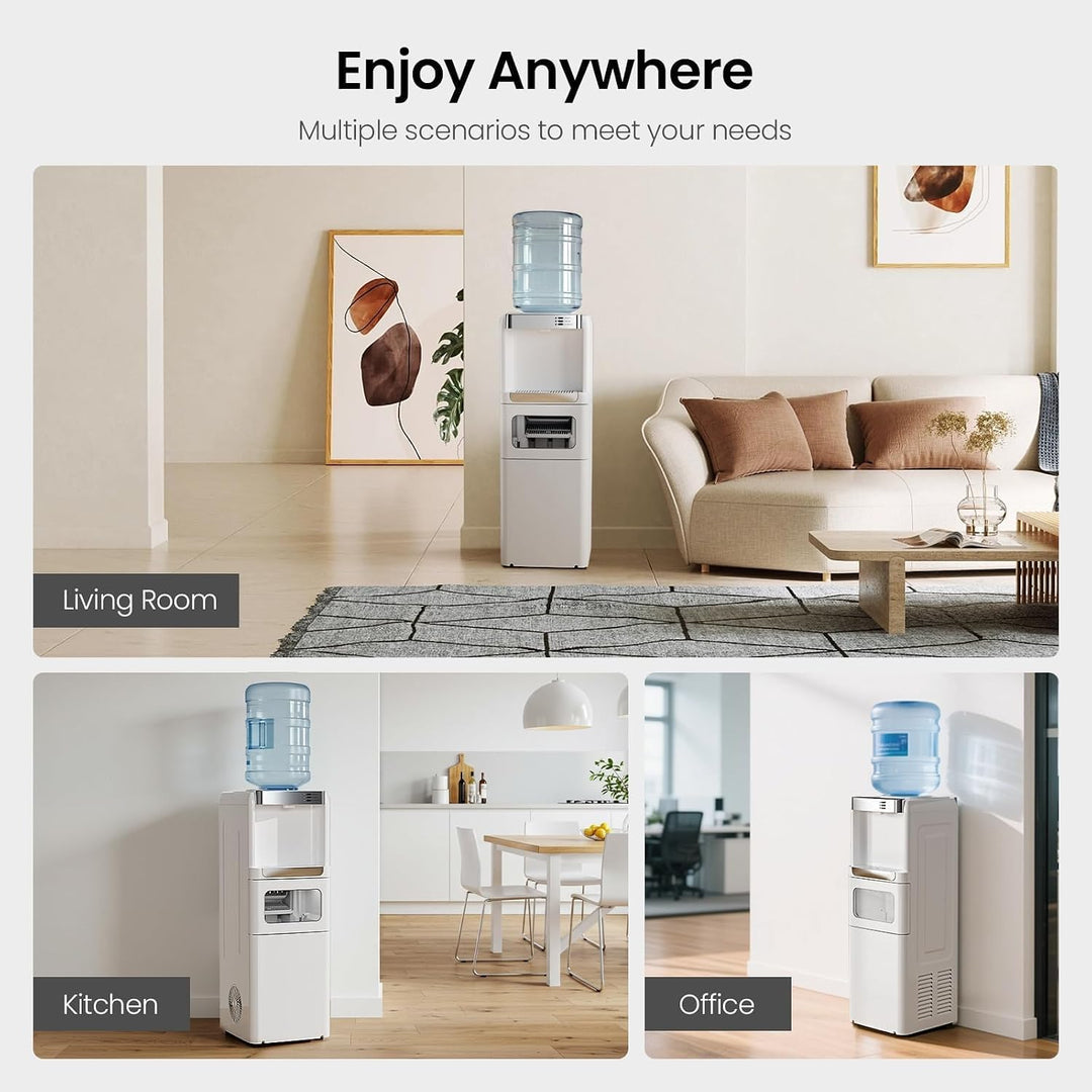 Collage of a water cooler in living room, kitchen, and office settings with text 'Enjoy Anywhere'.