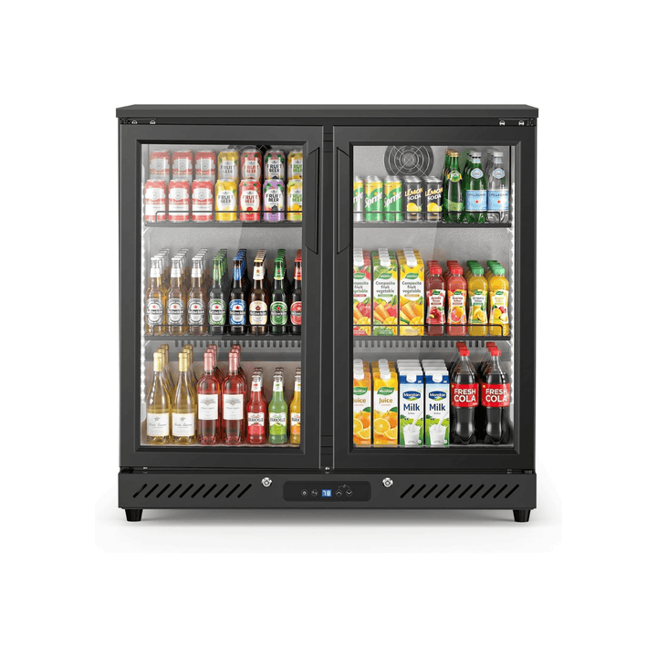 A black double-door commercial beverage refrigerator filled with bottled and canned drinks, shown against a plain white background.