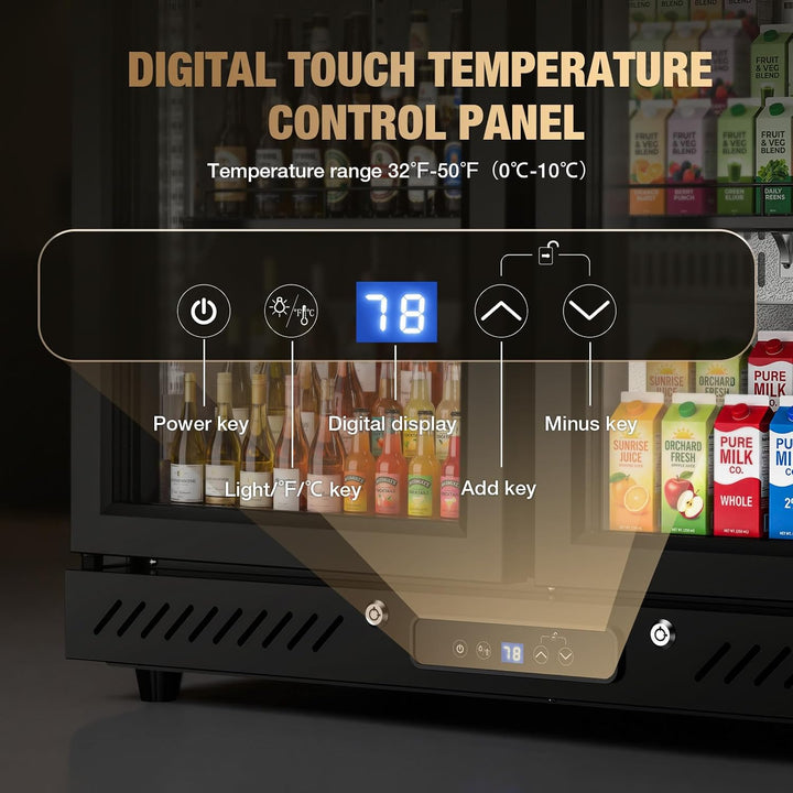 A beverage refrigerator with a digital touch temperature control panel overlay, showing labeled controls such as power key, digital display, light/f°c key, add key, and minus key. Text at the top reads 'DIGITAL TOUCH TEMPERATURE CONTROL PANEL' with a temperature range note.