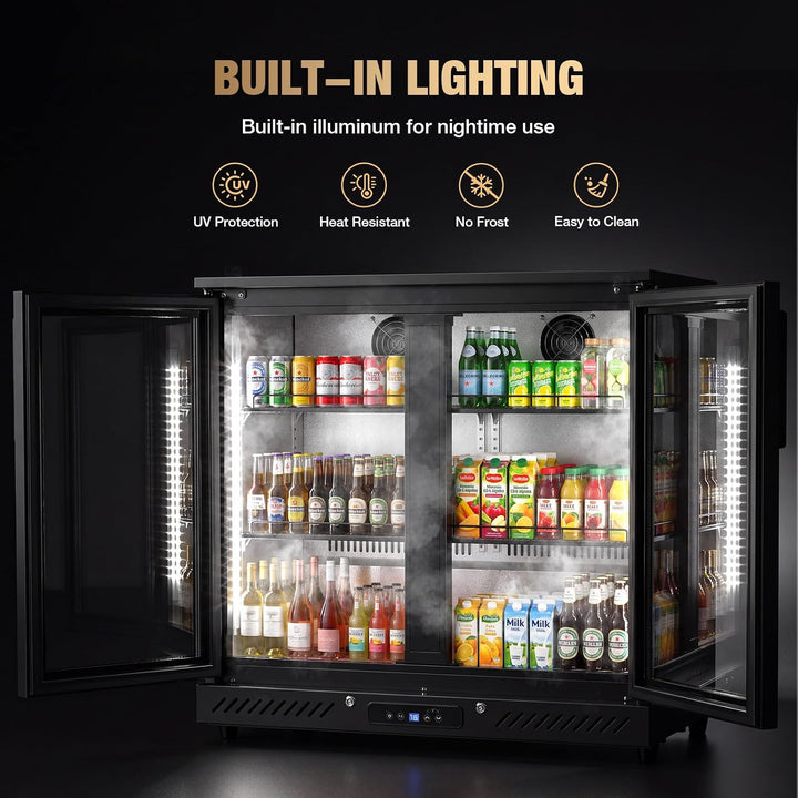 A black built-in double-door commercial refrigerator with glass doors, shown open and illuminated with beverages and groceries inside. The image includes marketing text and icons above the unit reading 'BUILT-IN LIGHTING' and feature callouts about UV protection, heat resistance, no frost, and easy cleaning.