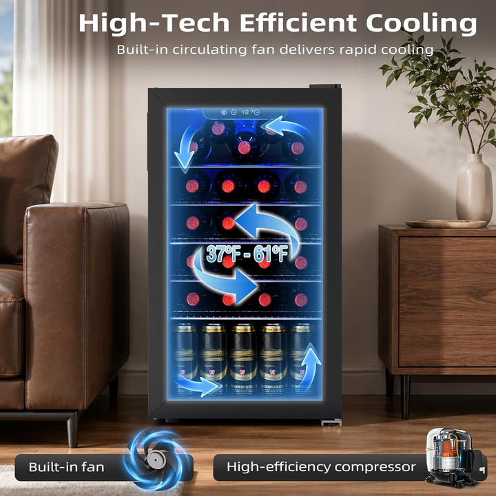 A single-door wine refrigerator with a glass front door stands in a living room setting. The interior is illuminated with a blue cooling graphic showing shelves, bottles, and cans, with text overlays highlighting high-tech efficient cooling, built-in fan, and high-efficiency compressor.